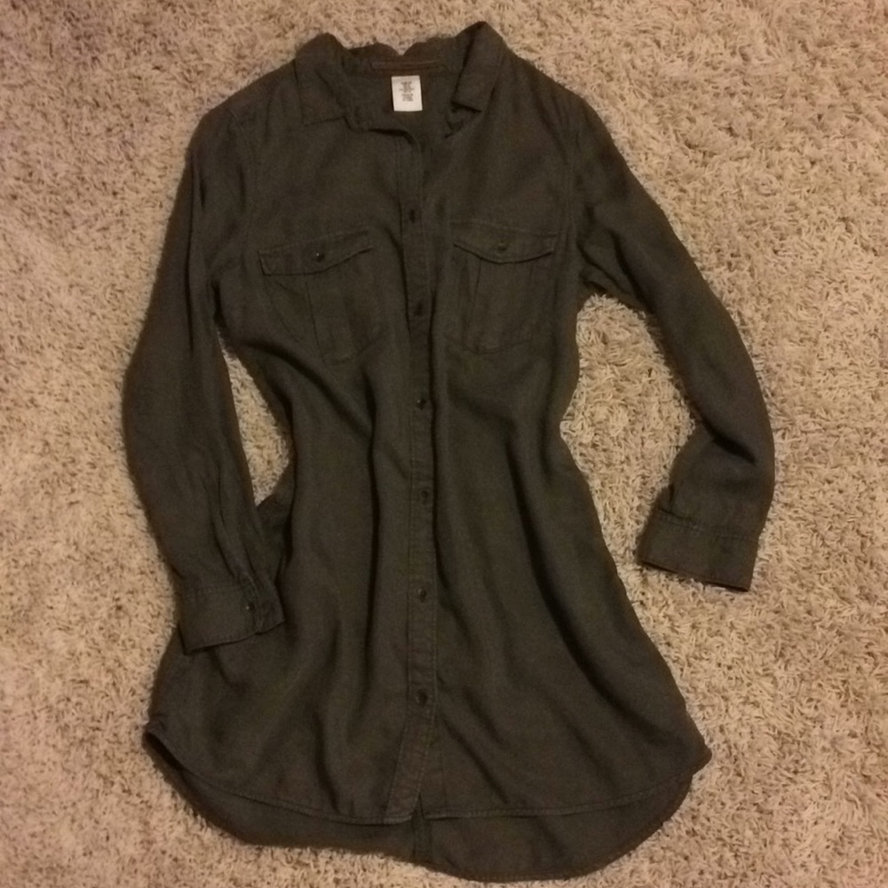 & Denim olive green button down shirt dress
